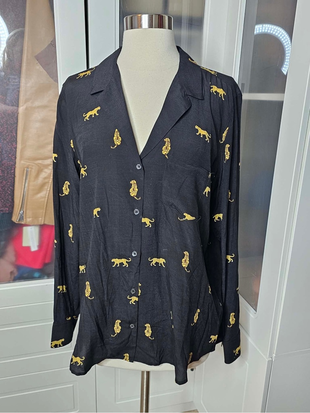 Rails Black Blouse with Gold Cat Print